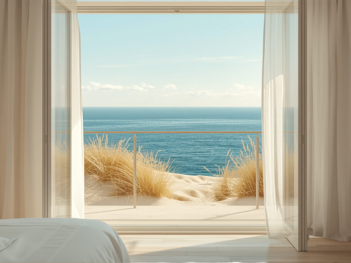 Schlafzimmer einer Ferienwohnung mit offener Balkontür und Blick über die Dünen auf die Ostsee